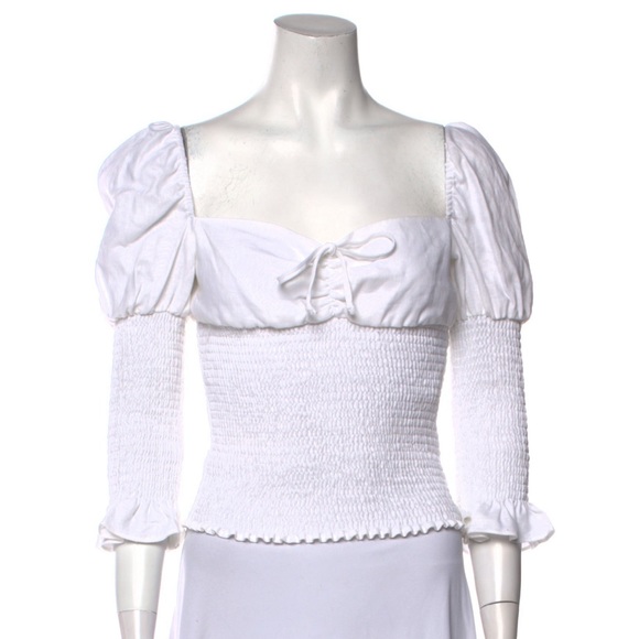 Reformation Haven Linen Smocked 3/4 Sleeve Top, White, Sz Small - Picture 3 of 6